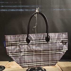 Burberrys Blue Edition Plaid Tote Bag with Black Handles